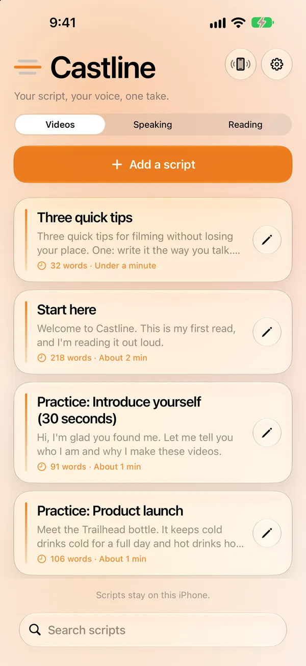 Castline script library with Videos, Speaking and Reading tabs