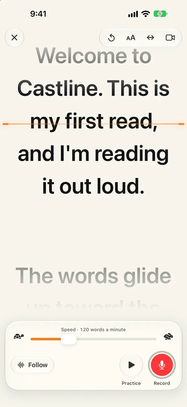 Castline’s reading screen: large script text with the amber reading line running across it