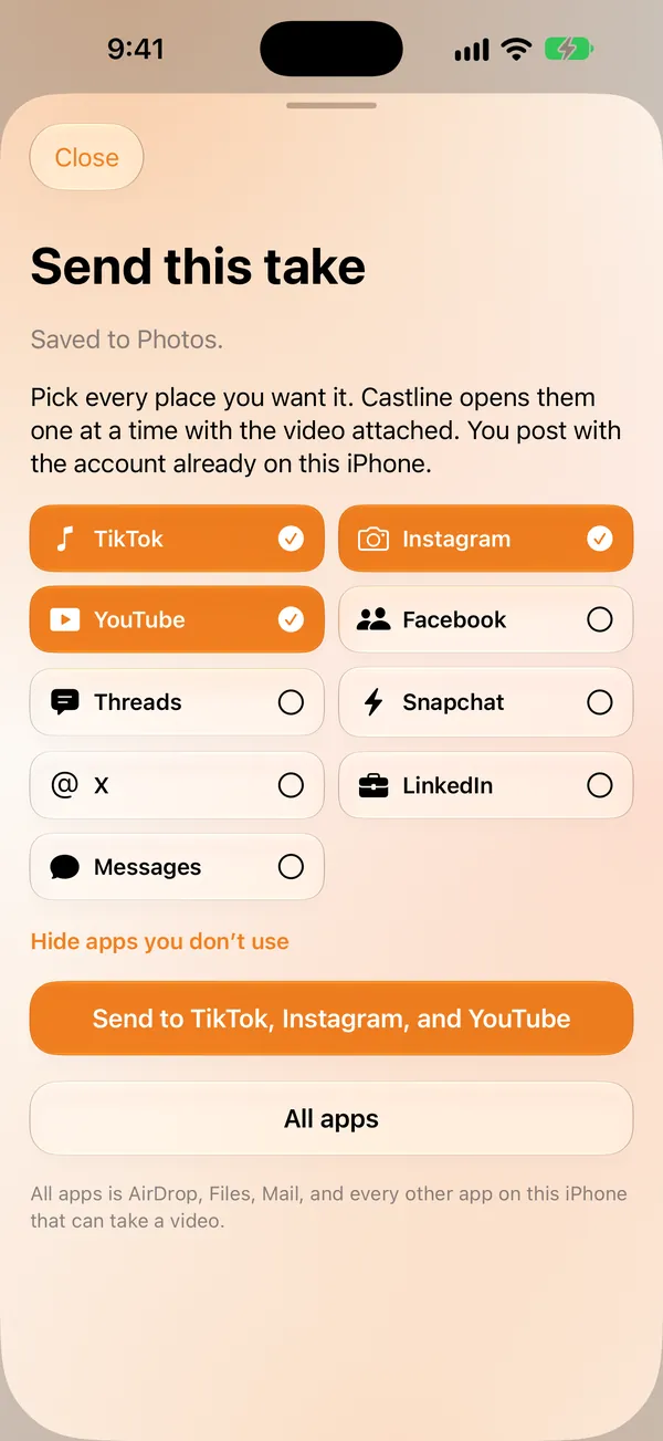 Castline Send this take sheet with TikTok, Instagram and YouTube selected